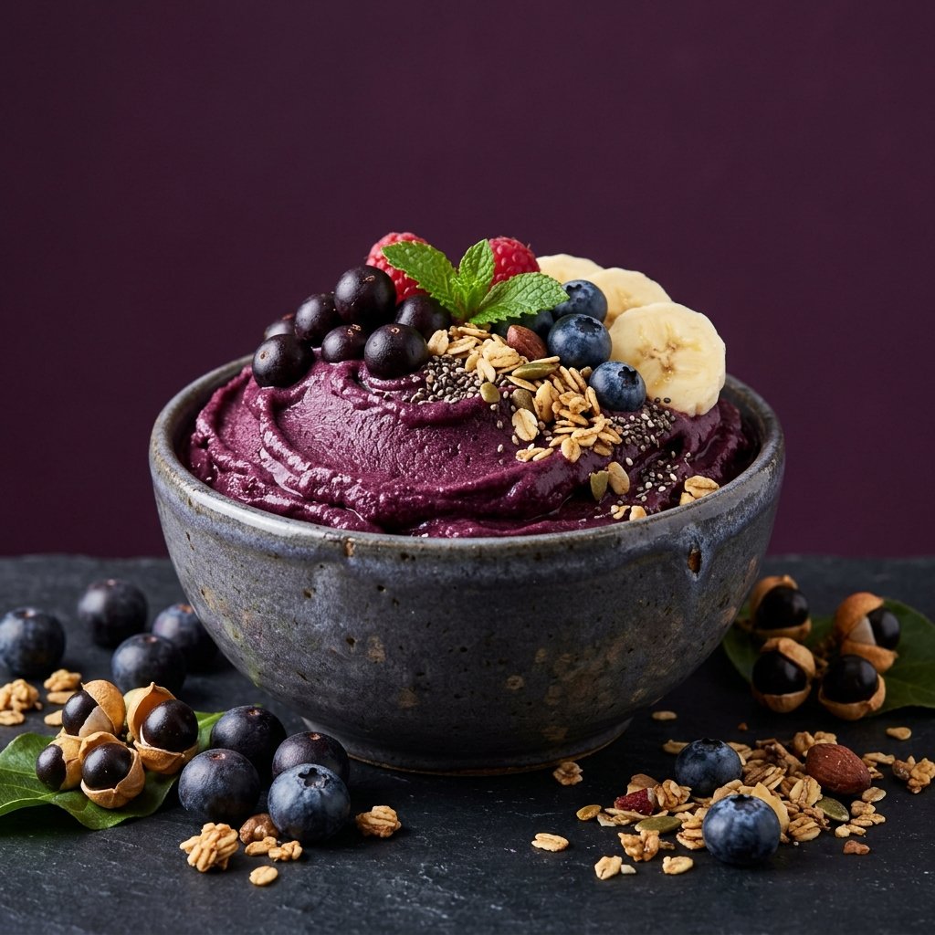 Frisches Açaí-Püree und frische Açaí-Beeren in der Schale
